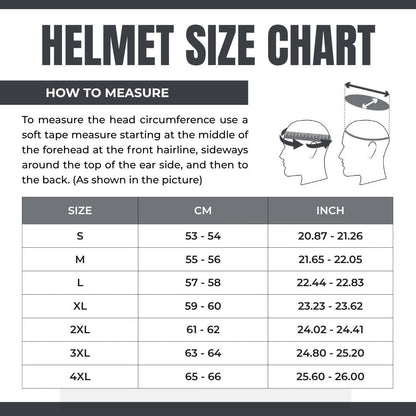 Open-face helmet size chart infographic with how-to and S-4XL sizing from BikerZoneZ on Tampa Home & Garden Store