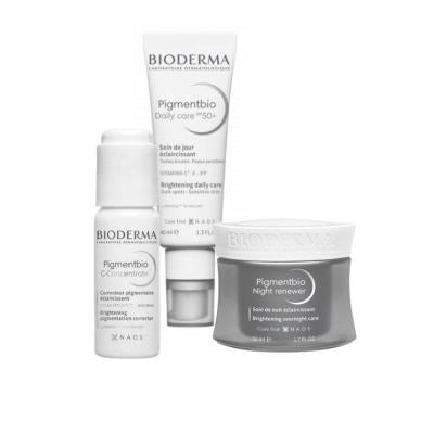 Bioderma Pigmentbio skincare set SPF 50+ white sunscreen, bottle, gray night cream jar on Tampa Home & Garden Store