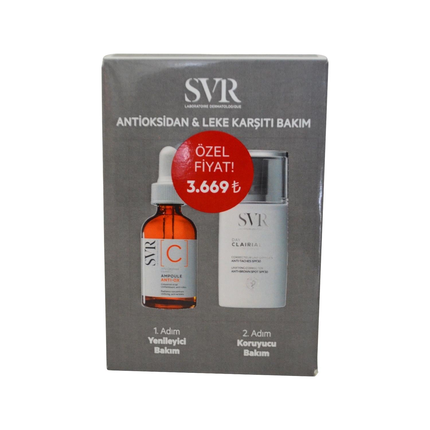 SVR Clairial brightening & antioxidant skincare set in gray box with amber ampoule bottle on Tampa Home & Garden Store