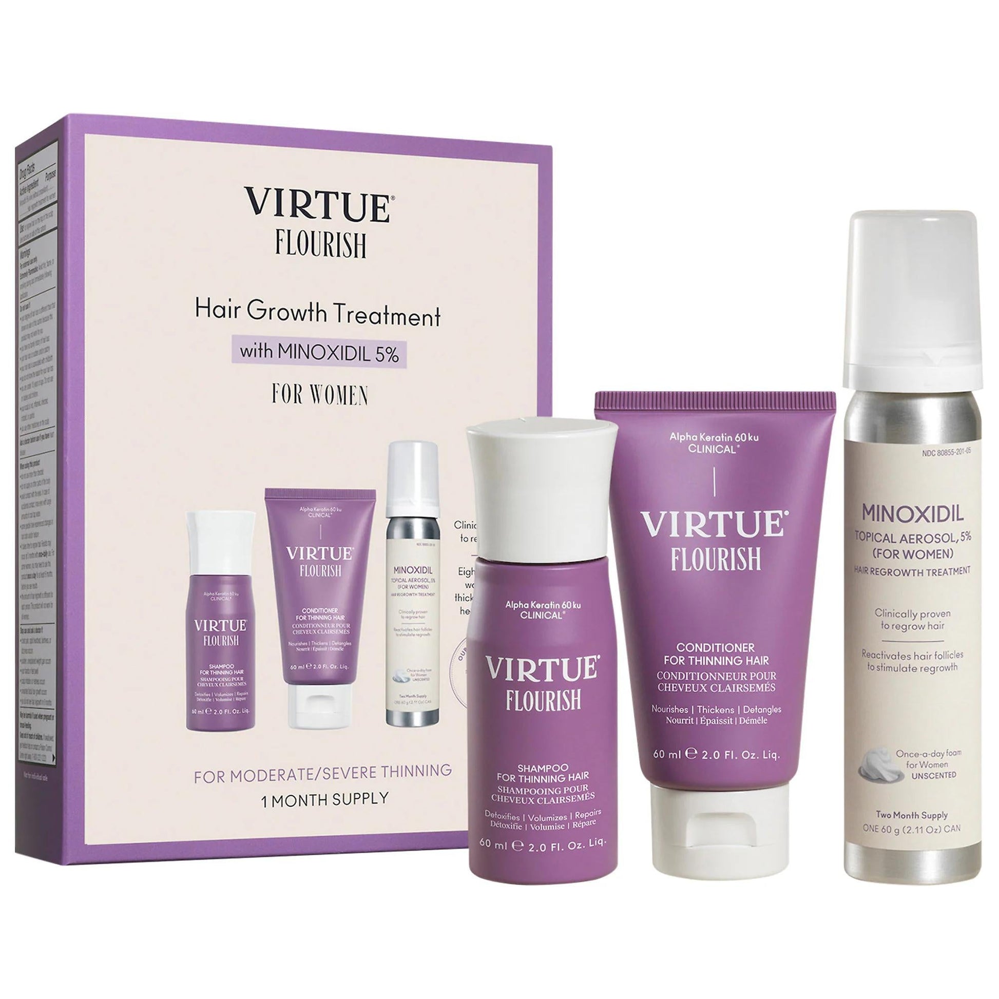 Virtue Flourish minoxidil 5% hair care set in purple packaging by Beauty Care Bag on Tampa Home & Garden Store