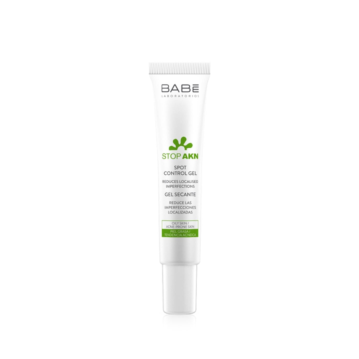 Babe Stop AKN Spot Control Gel tube for oily acne-prone skin with green logo on Tampa Home & Garden Store