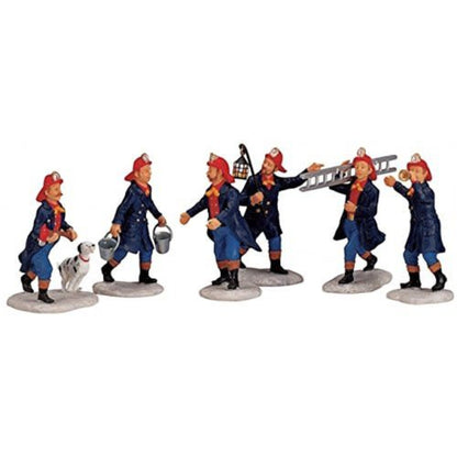 Firemen 6-piece set blue uniforms red helmets with ladder buckets Country Christmas Loft on Tampa Home & Garden Store
