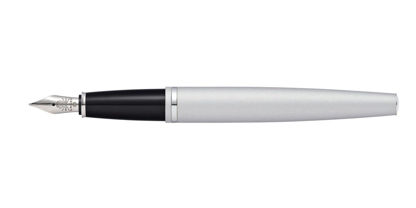 Calais satin chrome stainless steel fountain pen by A.T. Cross, black grip, fine nib, uncapped on Tampa Home & Garden Store