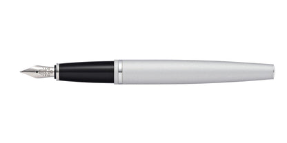 Calais satin chrome stainless steel fountain pen by A.T. Cross, black grip, fine nib, uncapped on Tampa Home & Garden Store