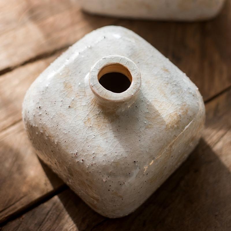 Zen Style Ceramic Vase with square, crackled white glaze and narrow neck on wood surface on Tampa Home & Garden Store