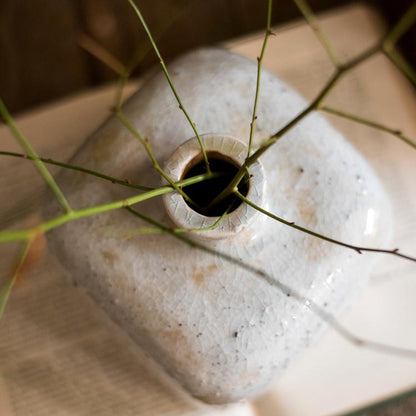 Zen Style Ceramic Vase by RusticReach with cream crackle glaze and green stems on Tampa Home & Garden Store