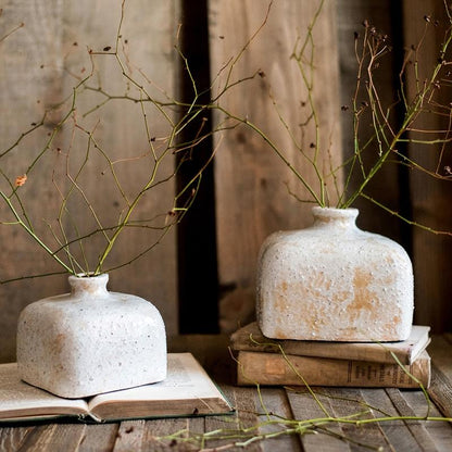 Zen Style Ceramic Vase pair by RusticReach, white speckled vases with narrow necks on wood on Tampa Home & Garden Store
