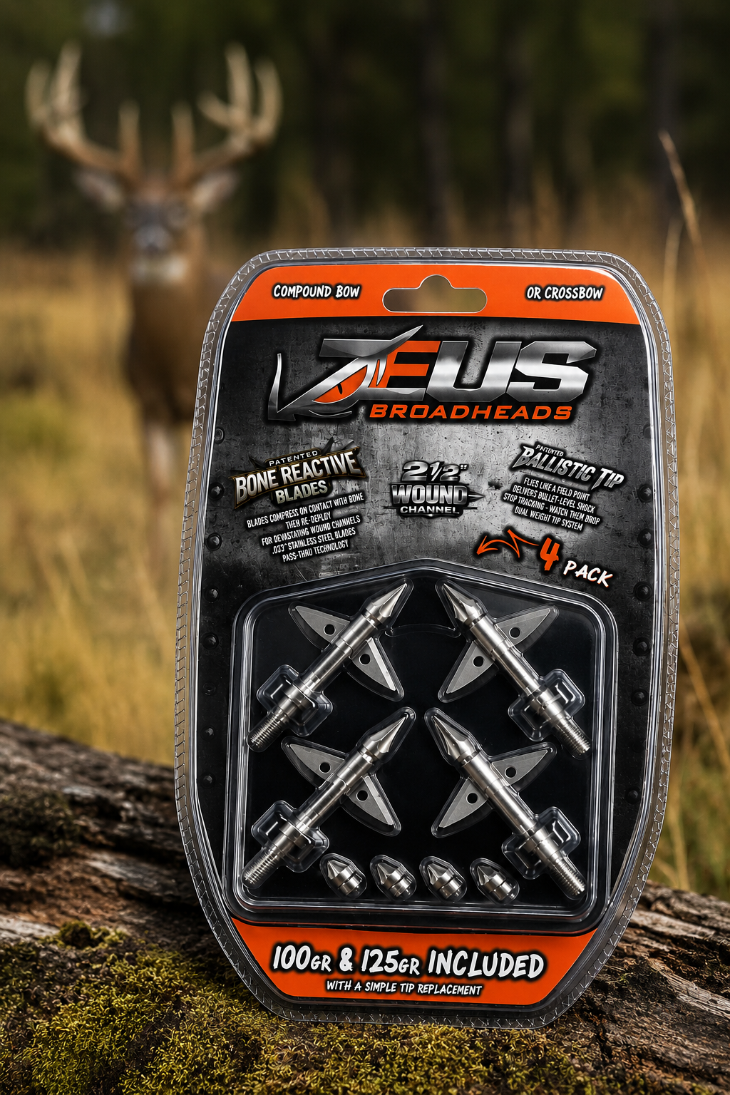 ZEUS Broadheads 4-pack by Killz Products with 100g & 125g tips in blister packaging on Tampa Home & Garden Store