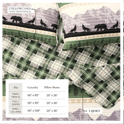 Lodge Plaid Quilt With Bear And Mountain Scene