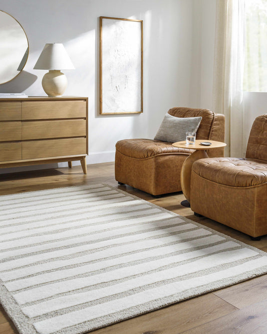 Zerah Area Rug striped ivory and light gray, soft plush pile, Boutique Rugs clearance on Tampa Home & Garden Store