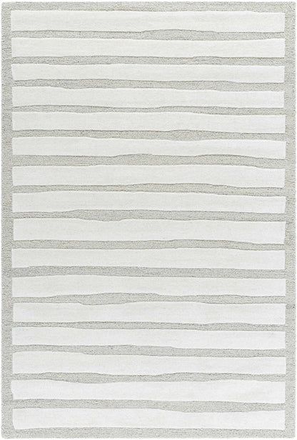 Zerah Area Rug by Boutique Rugs, cream horizontal stripe pattern on gray textured base on Tampa Home & Garden Store