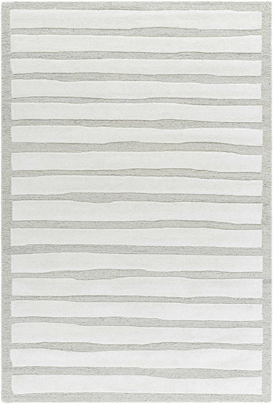 Zerah Area Rug by Boutique Rugs, cream horizontal stripe pattern on gray textured base on Tampa Home & Garden Store
