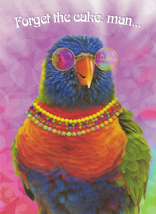 Birthday card with a parrot wearing pink sunglasses and a beaded necklace on purple on Tampa Home & Garden Store