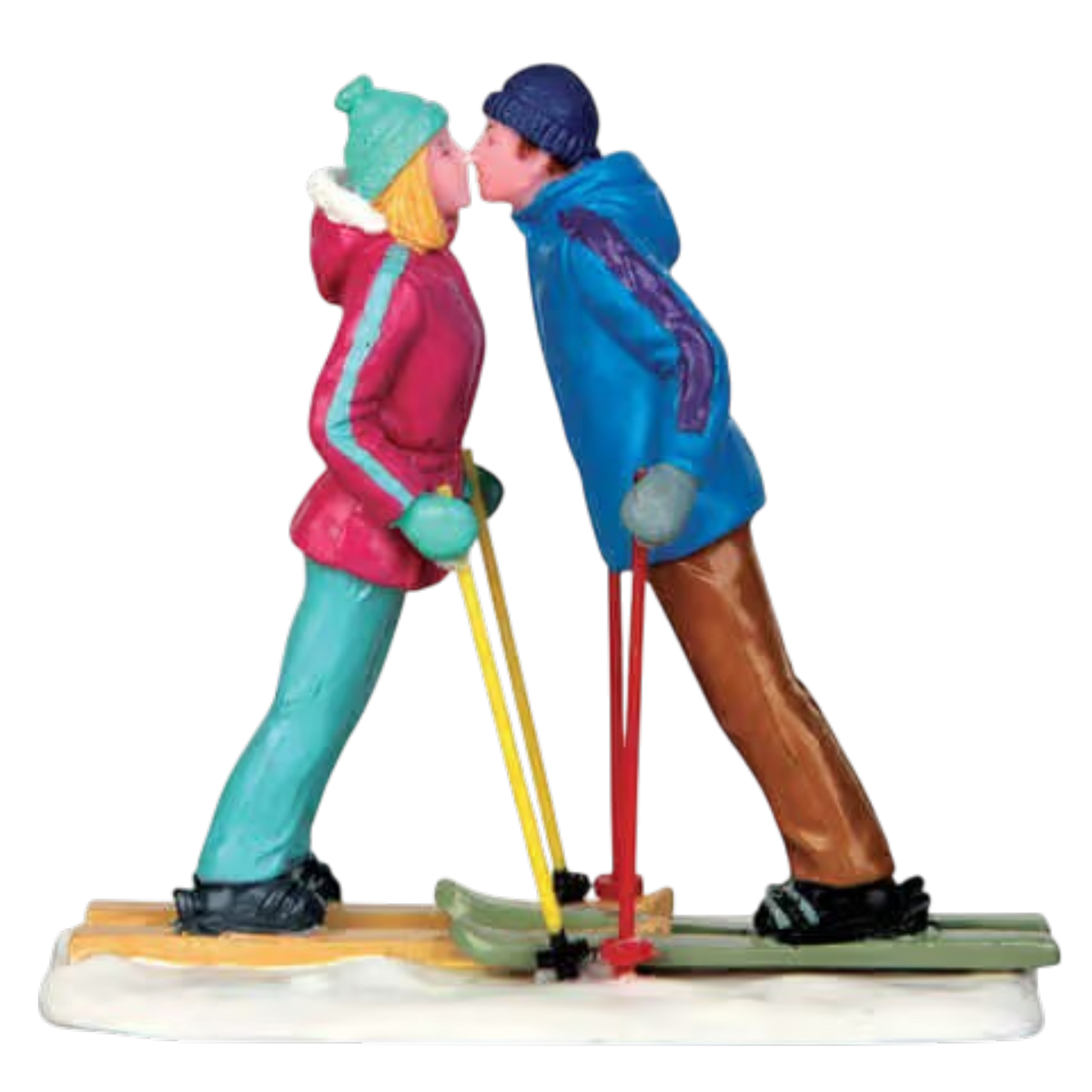 First Ski Date Figurine Winter Romance, turquoise and blue outfits, two skiers kissing on Tampa Home & Garden Store