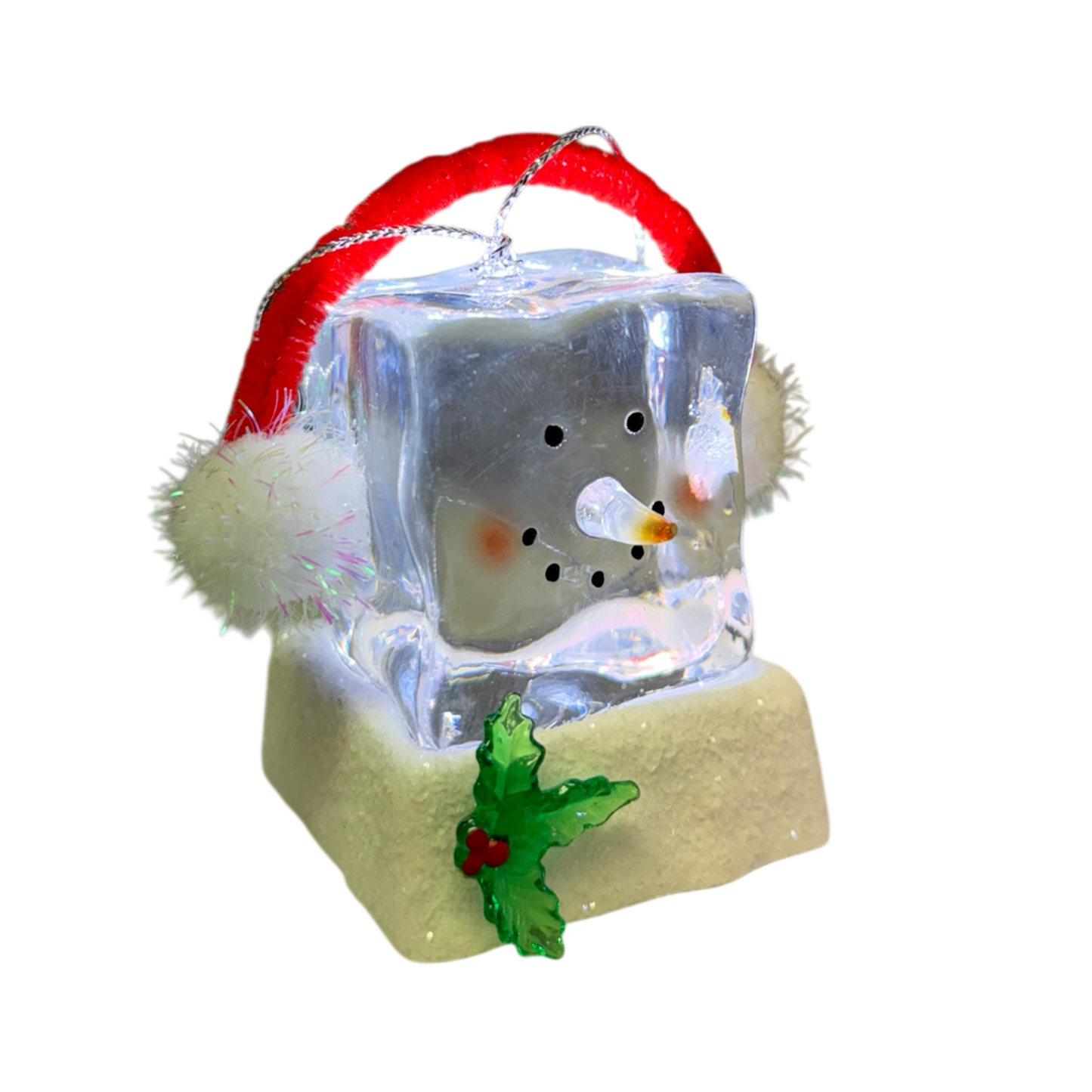 Lighted snowman cube ornament with red earmuffs on crystal cube The Country Christmas Loft on Tampa Home & Garden Store