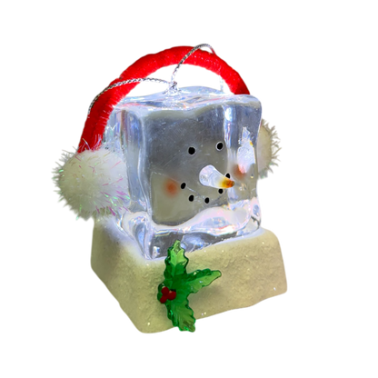 Lighted snowman cube ornament with red earmuffs on crystal cube The Country Christmas Loft on Tampa Home & Garden Store