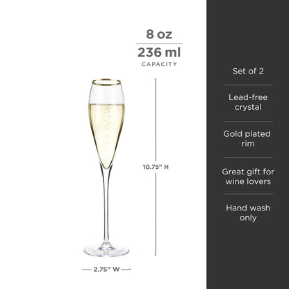 Gold Rimmed Crystal Champagne Flute Set of Two