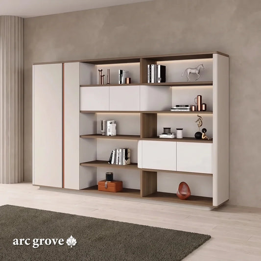 Hadwyn Office Shelves with Lighting & Storage by Arc Grove; white and wood shelving unit on Tampa Home & Garden Store