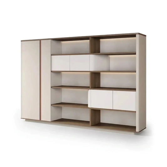 Hadwyn office shelves w/ lighting & storage by Arc Grove in white with warm wood accents on Tampa Home & Garden Store