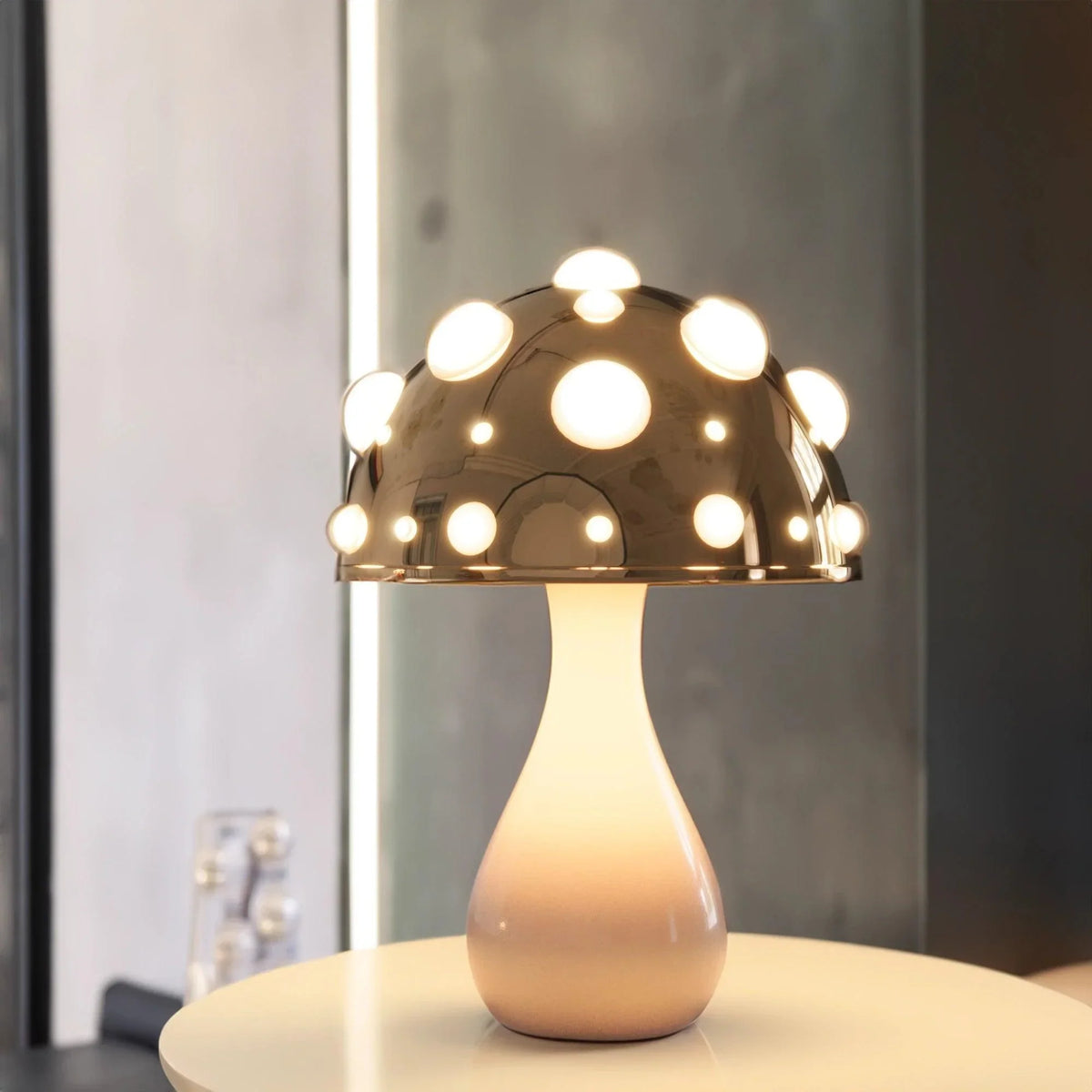 Zitake Gold Mushroom LED Table Lamp cordless/corded, gold globe with warm bulbs on a white table on Tampa Home & Garden Store