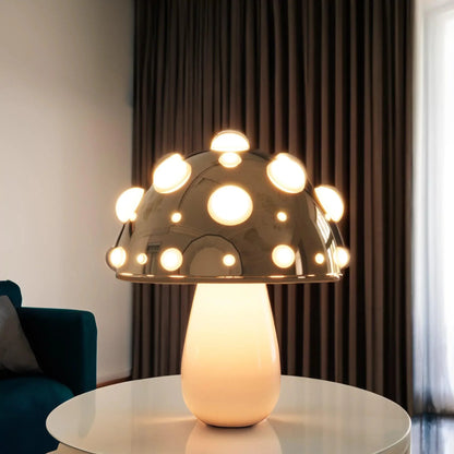 Zitake Gold Mushroom Table Lamp cordless/corded by Moktan Sabai; gold bulbs on a white table on Tampa Home & Garden Store