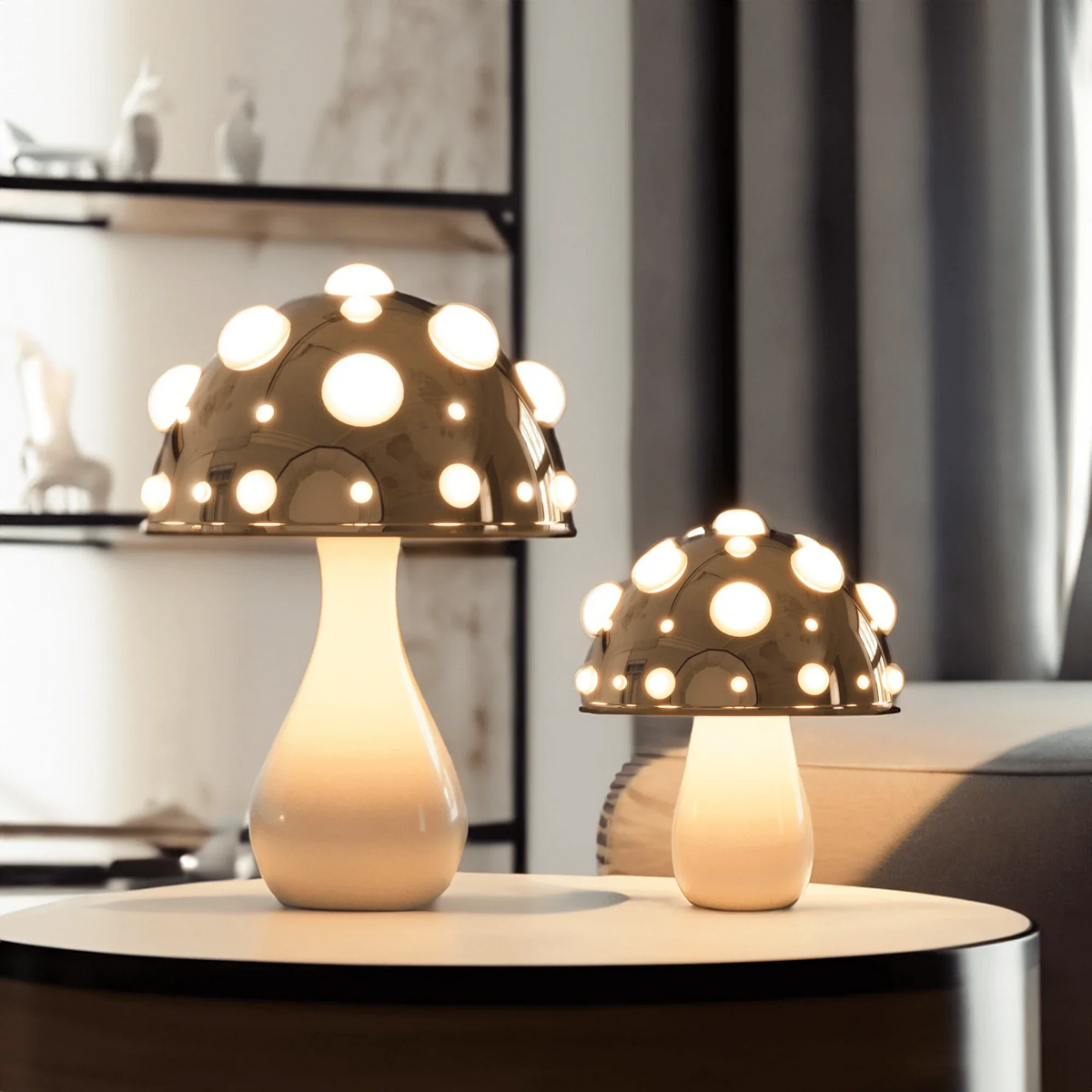 Zitake Gold Mushroom LED Table Lamp Moktan Sabai, perforated globe, 2 lamps on Tampa Home & Garden Store