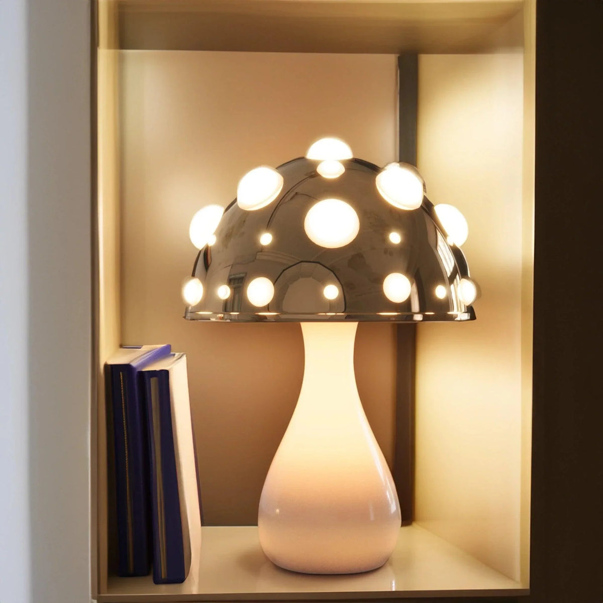 Zitake Gold Mushroom LED Table Lamp Moktan Sabai; globe with glowing bulbs on white base on Tampa Home & Garden Store