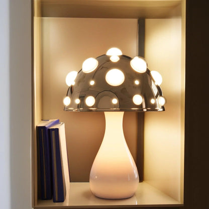 Zitake Gold Mushroom LED Table Lamp Moktan Sabai; globe with glowing bulbs on white base on Tampa Home & Garden Store