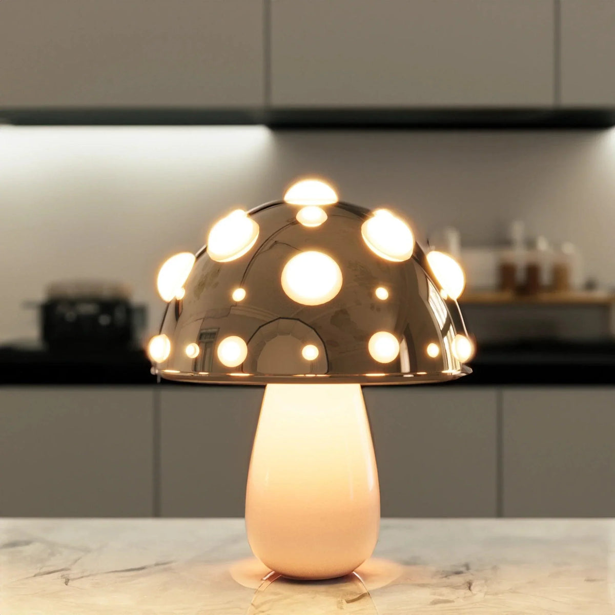 Zitake Gold Mushroom LED Table Lamp by Moktan Sabai; spherical gold globe with warm LED bulbs on Tampa Home & Garden Store