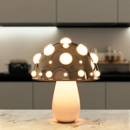 Zitake Gold Mushroom LED Table Lamp by Moktan Sabai; spherical gold globe with warm LED bulbs on Tampa Home & Garden Store