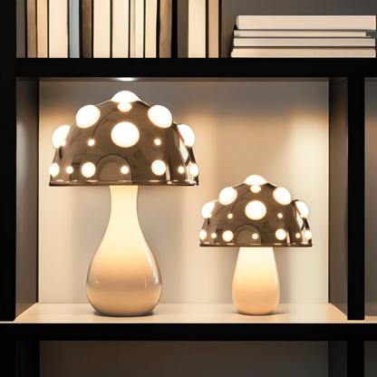 Two Zitake gold mushroom LED table lamps by Moktan Sabai, cordless/corded, warm glow on shelf on Tampa Home & Garden Store