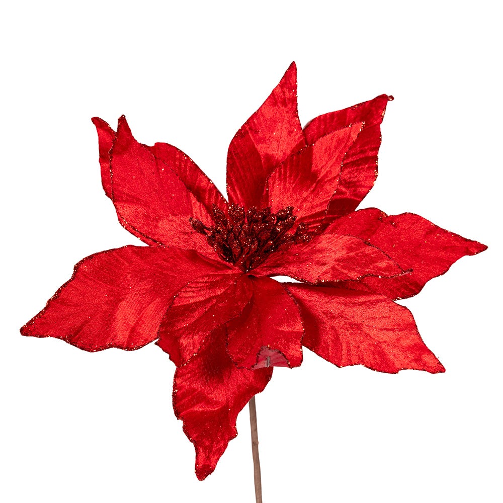 Poinsettia en velours rouge pailleté - 35,5 cm