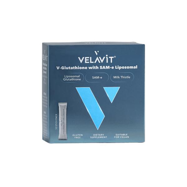 Velavit V-Glutathione with SAM-e Liposomal 30 Sachets blue box with large V logo on packaging on Tampa Home & Garden Store