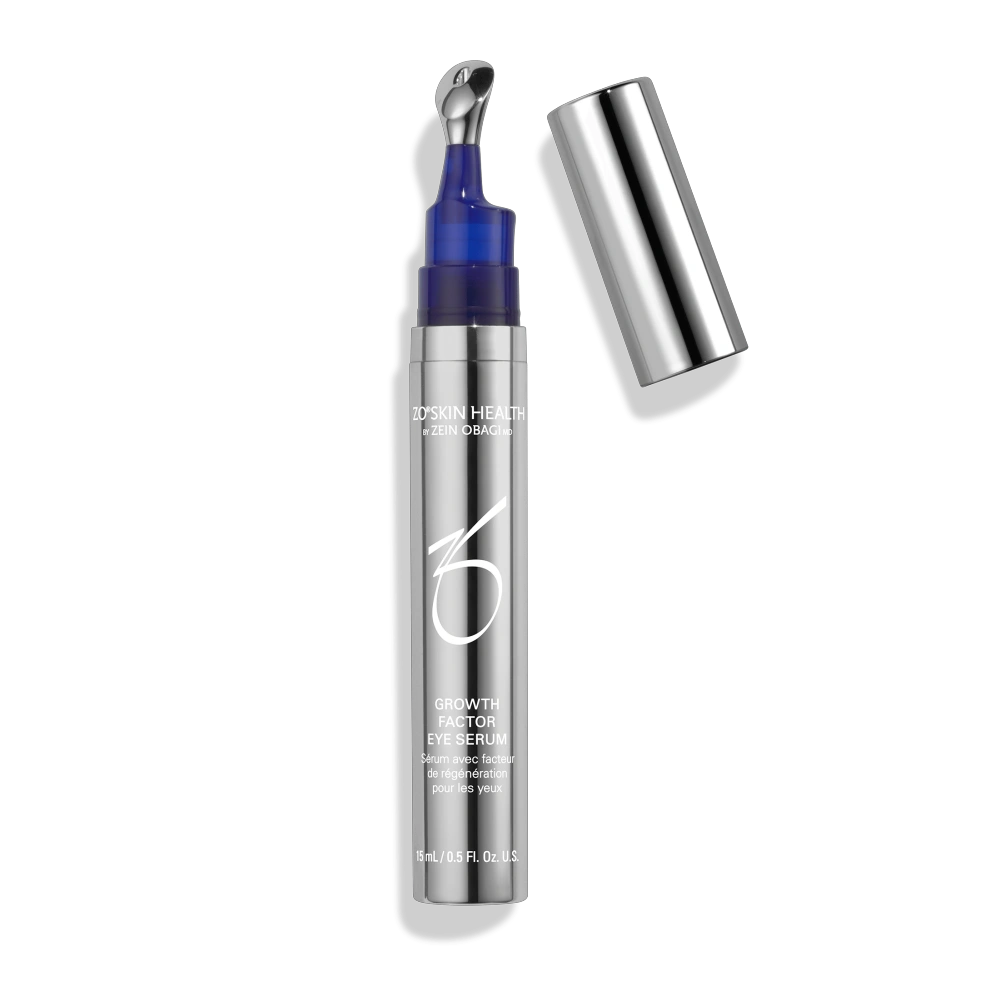 Zo Skin Health Growth Factor Eye Serum bottle with blue pump and silver cap by Nava Beauty on Tampa Home & Garden Store