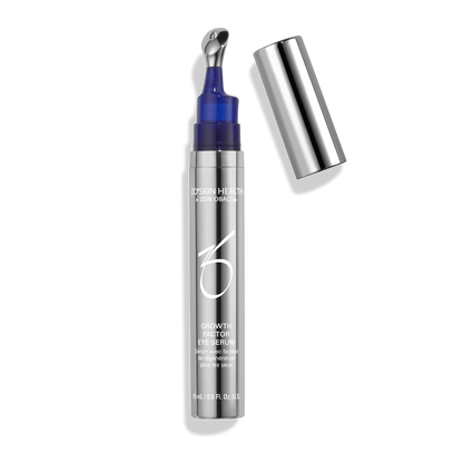 Zo Skin Health Growth Factor Eye Serum bottle with blue pump and silver cap by Nava Beauty on Tampa Home & Garden Store
