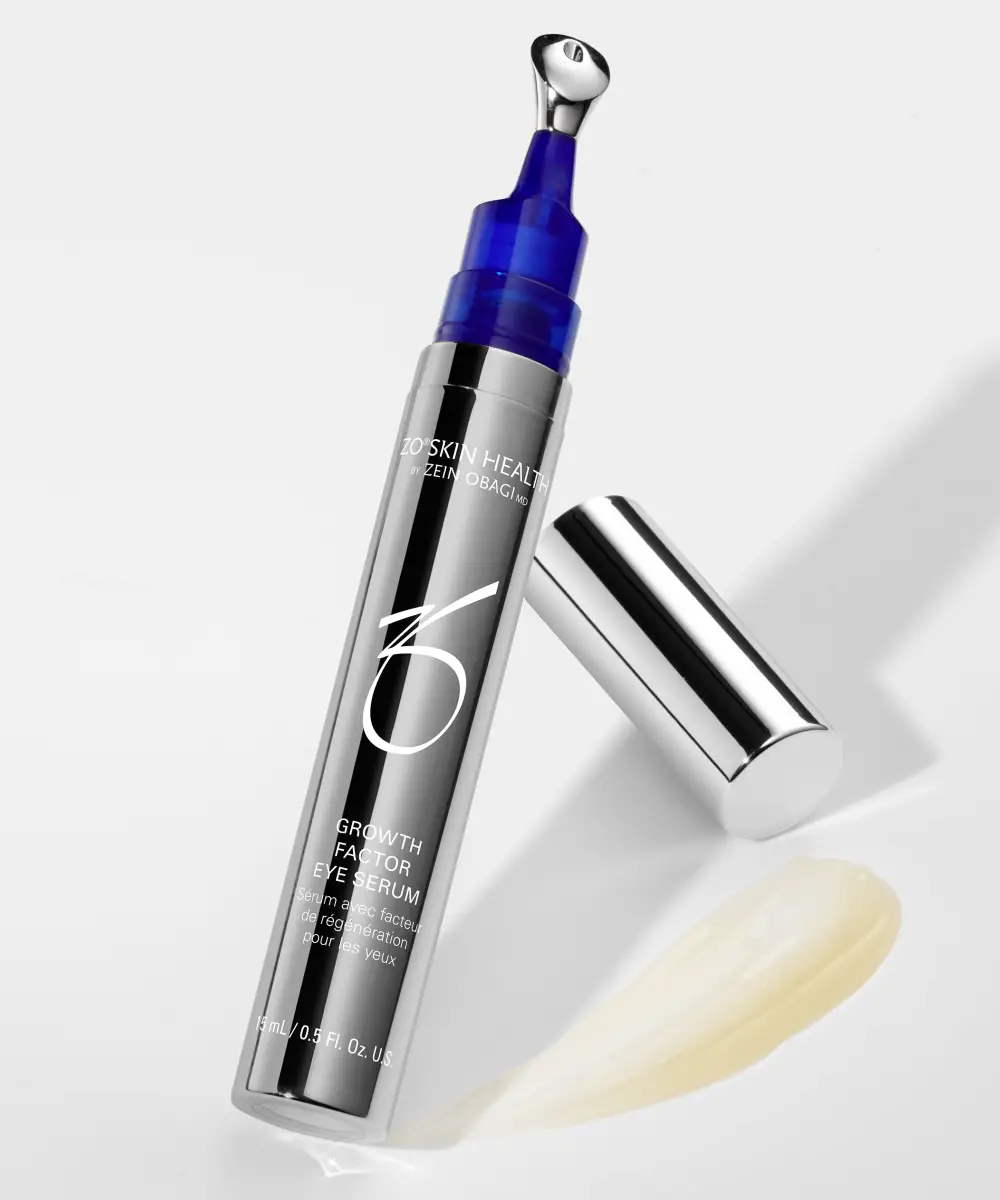 Zo Skin Health Growth Factor Eye Serum bottle with blue pump on chrome finish on Tampa Home & Garden Store