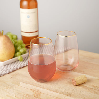 Rose Crystal Stemless Wine Glasses and Gold Rim