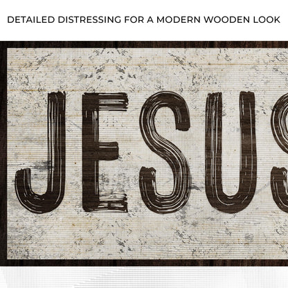 Jesus Saves canvas sign with distressed black lettering on wood background Tailored Canvases on Tampa Home & Garden Store