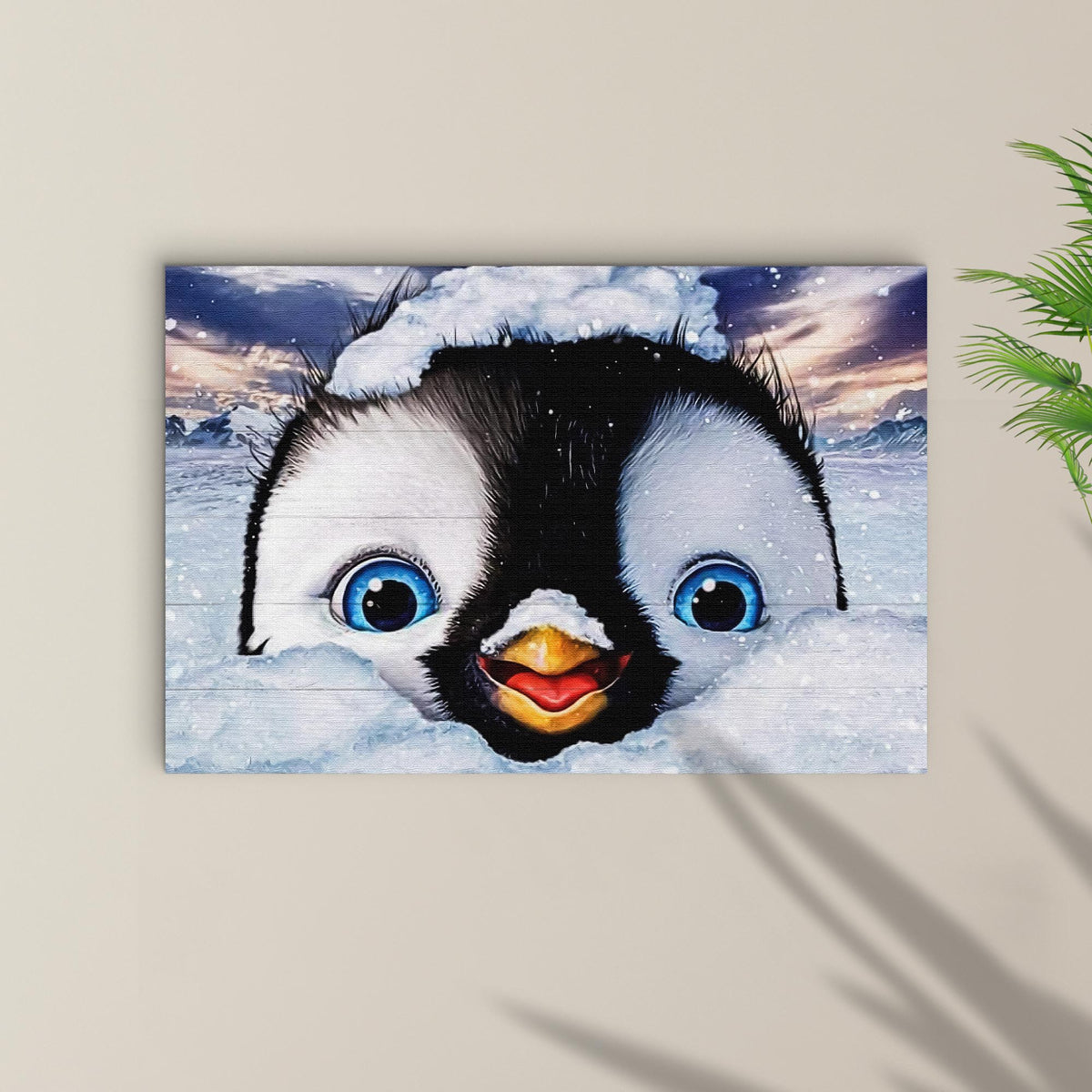Penguin Peekaboo canvas wall art by Tailored Canvases with snowy backdrop and blue eyes on Tampa Home & Garden Store