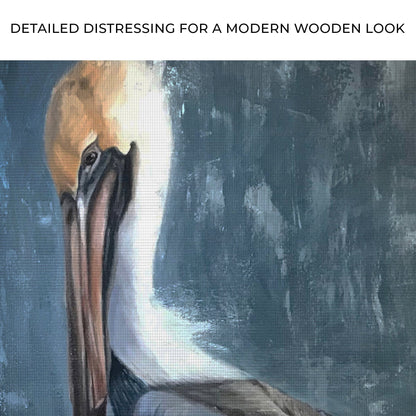 Pelican Painting The Fish Catcher canvas wall art II by Tailored Canvases with blue water backdrop on Tampa Home & Garden Store