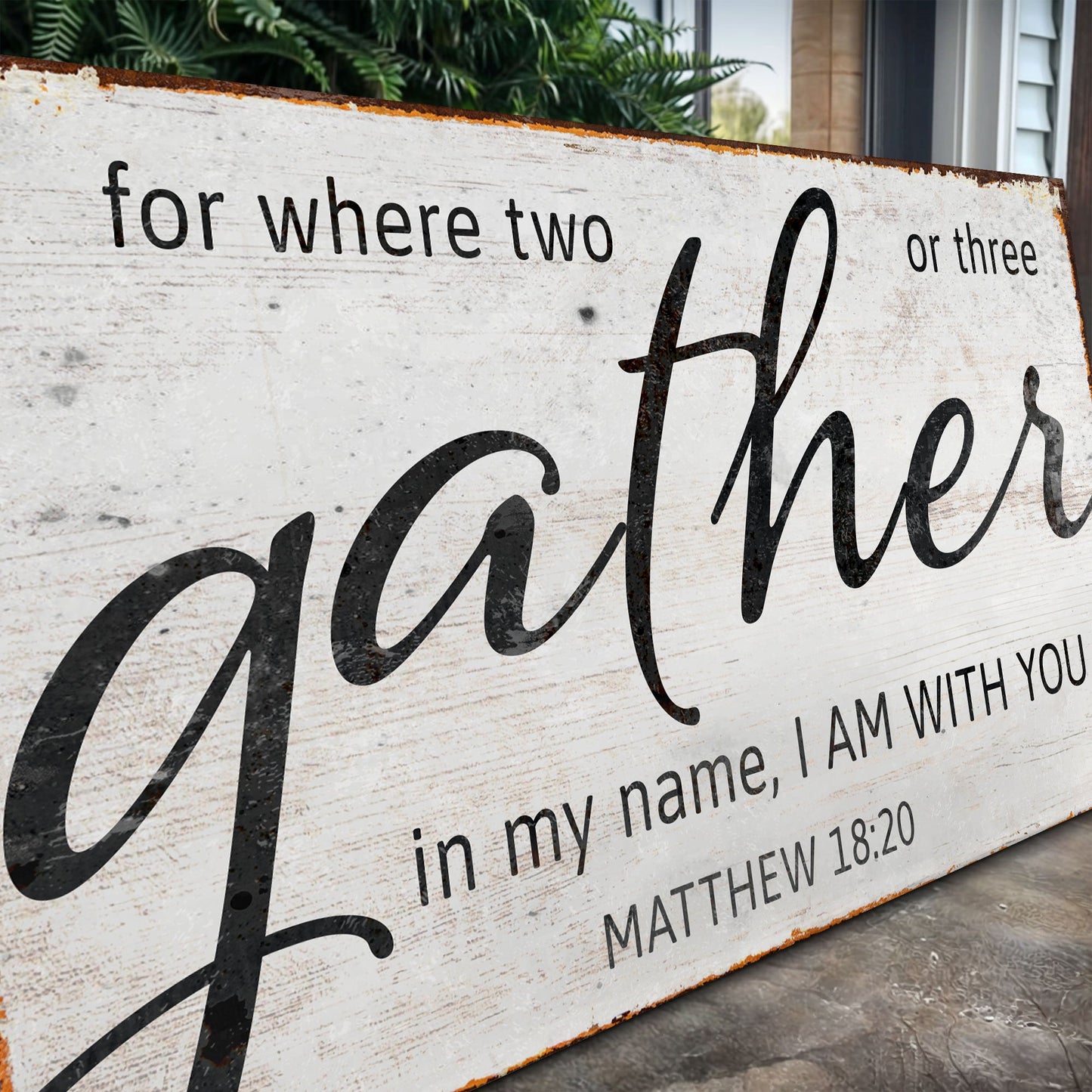 Matthew 18:20 Gather Faith Sign II canvas with white-washed background and black script lettering on Tampa Home & Garden Store