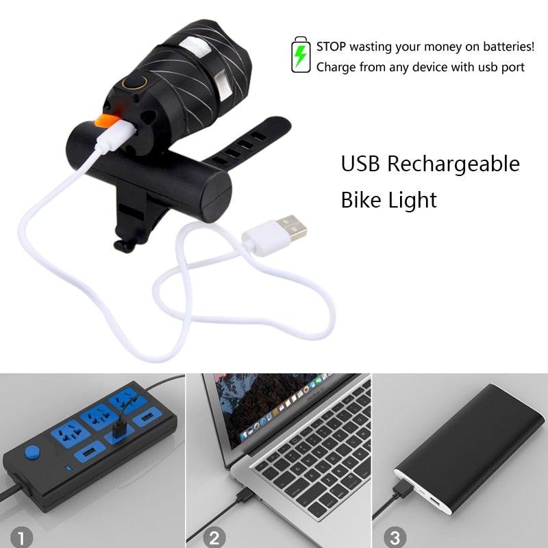 Stevvex USB rechargeable zoomable LED bike front light set with built-in battery and USB cable on Tampa Home & Garden Store