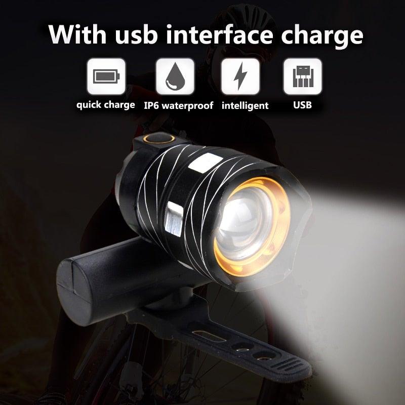 USB rechargeable LED bicycle headlight with black body and orange ring mounted on bike on Tampa Home & Garden Store