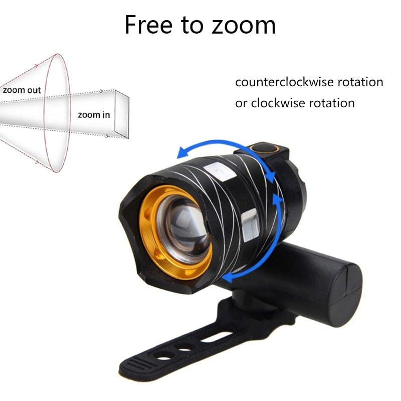 Zoomable USB rechargeable LED bicycle headlight by Stevvex with built-in battery and rear light on Tampa Home & Garden Store