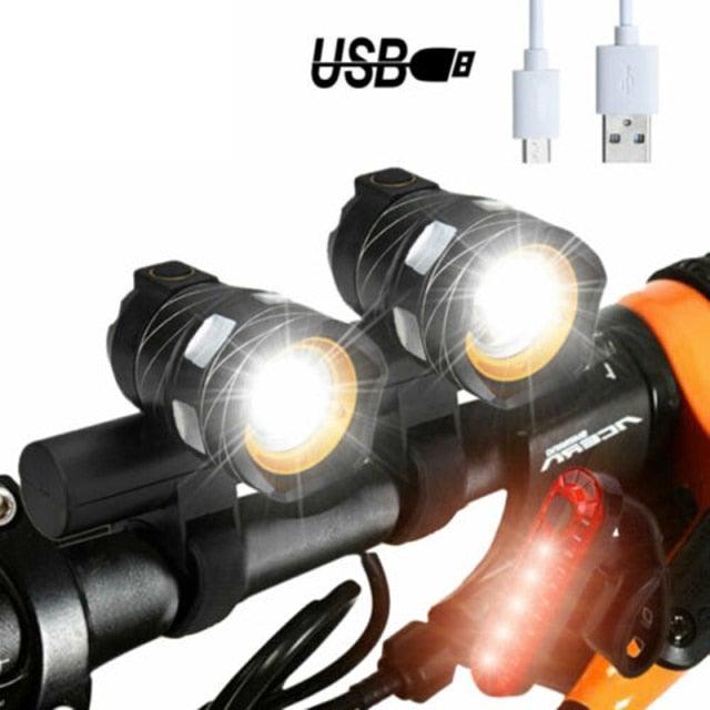 Stevvex USB rechargeable bike headlight set with dual black LED front lamps on Tampa Home & Garden Store