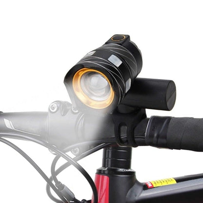 Stevvex zoomable LED bicycle headlight with USB rechargeable, black body and gold bezel on Tampa Home & Garden Store