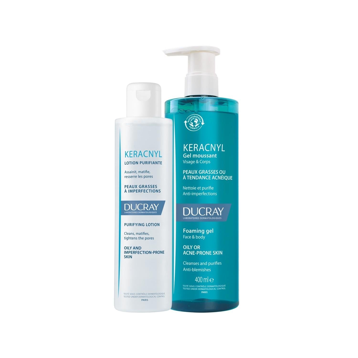 Two Keracnyl bottles teal gel cleanser and white Purifying Lotion on Tampa Home & Garden Store