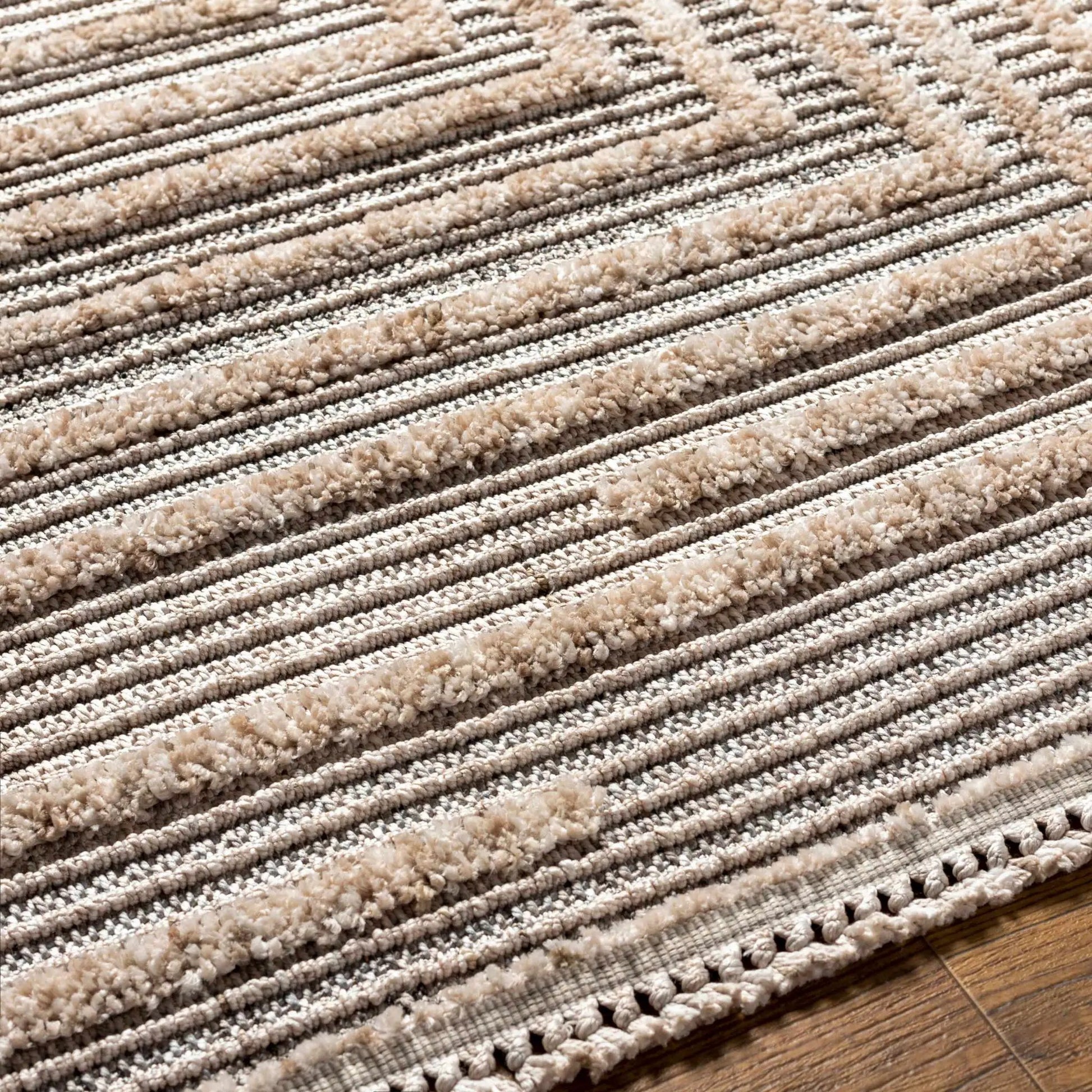 Lunao Area Rug by Boutique Rugs beige striped plush shag with textured pile on Tampa Home & Garden Store