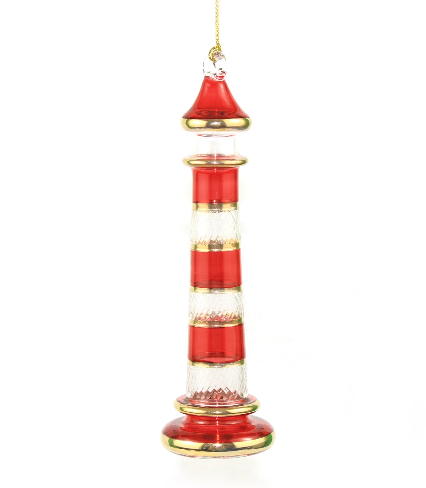 Phare en verre gravé avec anneaux dorés - Rouge