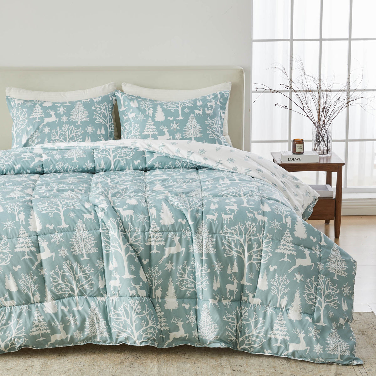Great Bay Home reversible Christmas comforter with teal & white Odette motif and two shams on Tampa Home & Garden Store